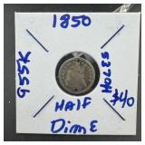 1850 Seated Silver Half Dime (mintage Stated: 955,
