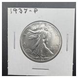 1937 Walking Liberty Silver Half Dollar. 90% Silve