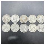 Lot of 10 1930s Washington silver quarters; see ph