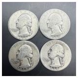 Lot of four 1939 Washington silver quarters