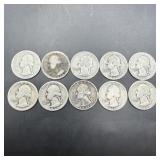 Lot of 10 1930s Washington silver quarters; see ph