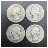 Lot of four 1939 Washington silver quarters