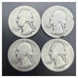 Lot of four 1939 Washington silver quarters; inclu