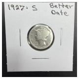 1927-s Mercury Silver Dime.