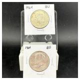 Two 1964 90% Silver Kennedy Half Dollars