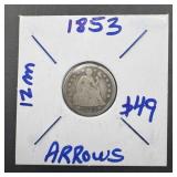 1853 Seated Liberty Silver Dime With Arrows