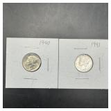 1940 & 1941 Mercury Silver Dimes, High Grade