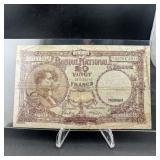 1943 WWII Belgium 20 Franc Note