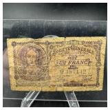 Old Belgium 1 Franc Note