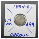1854-o Seated Liberty Silver Dime With Arrows