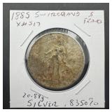 1885 Switzerland 5 Francs .835 Silver