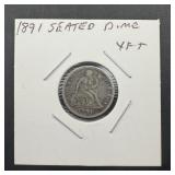 1891 Seated Dime XF+