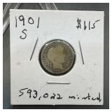 1901-s Barber Silver Dime Mintage 593,000