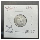 1890 Seated Liberty Silver Dime Full Liberty High