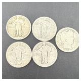 Five Silver Quarters Four No-date Standing Liberty