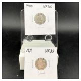 Two Barber Silver Dimes 1900 & 1911