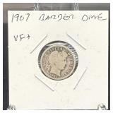 1907 Barber Silver Dime Vf+