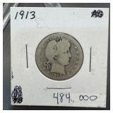 1913 Barber Silver Quarter Mintage 484,000