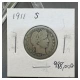 1911-s Barber Silver Quarter Mintage 988,000
