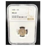 1888 Seated Liberty Silver Dime Ngc Ms64 Mintage 1