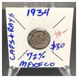 1934 10 Centiavos 72% Silver W/ Caps & Rays