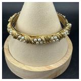 Vintage Pearl Gold Tone Hinged Bangle Bracelet