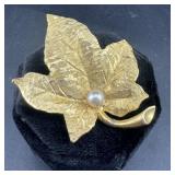 Vintage Gold Tone With Pearl Leaf Brooch