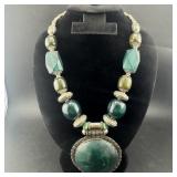 Silver Tone & Malachite Style Necklace