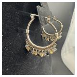 Silver Tone Hoop With Stone Dangle Earrings