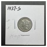1937-s Mercury Silver Dime. Mintage 9,740,000.
