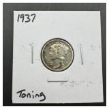 1937 Mercury Silver Dime With Toning. Mintage 34,5
