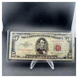 1953-b $5 United States Note Red Seal. Serial C247