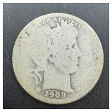 1909 Barber Silver Quarter.
