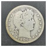 1904 Barber Silver Quarter.