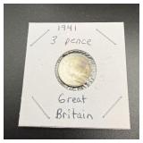 1941 Great Britain Threepence Silver Coin (.500 Si