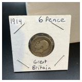 1914 Great Britain Silver Sixpence (.925 silver).