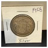 1958 Canadian 50-Cent Silver Coin (80% silver).