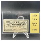1863 Confederate States Of America Bond $40.