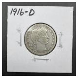 1916-d Barber Silver Quarter. Mintage 264,000. Key