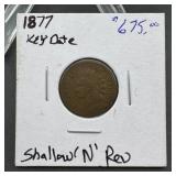 1877 Indian Head Cent Key Date. Shallow N Reverse.