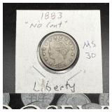 1883 No Cents Liberty Head V Nickel, higher grade.