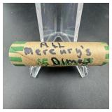 $5 Face Silver Mercury Dime Roll (50 Coins)