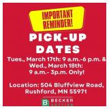 Pick-up, Tuesday, March 17th: 9 A.m.-6 P.m. & Wedn