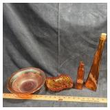 Carnival / Amber Glass Dish & Bottle Lot
