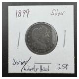 1899 Barber Silver Quarterï¿½ 90% Silver.