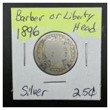 1896 Barber Silver Quarter ï¿½ 90% Silver.