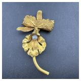 Vintage Gold Tone Flower with Pearl Brooch - As sh