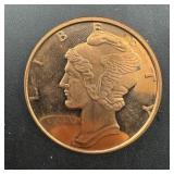 1 Oz .999 Fine Copper Round ï¿½ Mercury Dime Design.