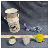 Metal Farm Pitcher & Art Glass Figurines