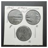 1943 Steel Lincoln Wheat Cent 3-coin Set